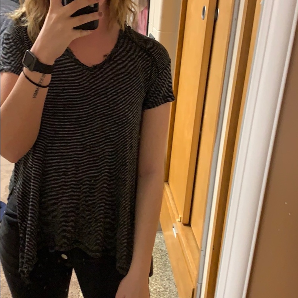 Black and white striped tee with fringed hem